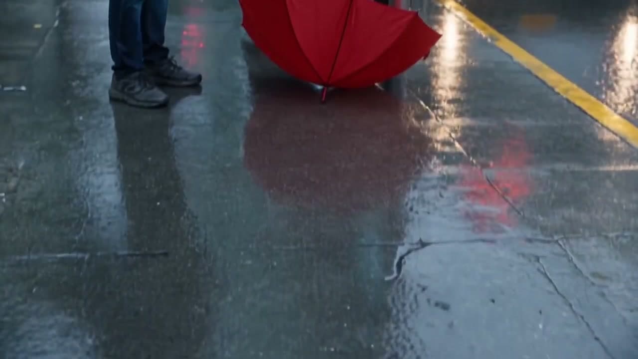 The Red Umbrella at the Rainy Bus Stop